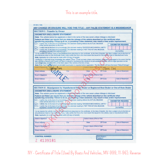 This is an Example of New York Certificate of Title (Used By Boats And Vehicles, MV-999, 11-96) Reverse View | Kids Car Donations